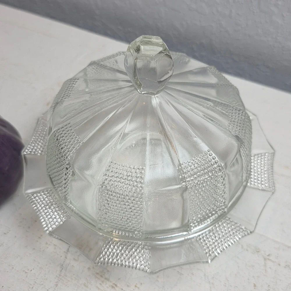 Vintage Jeannette 'Dewdrop' Clear Pressed Glass Butter Dish & Lid Art Deco Style
